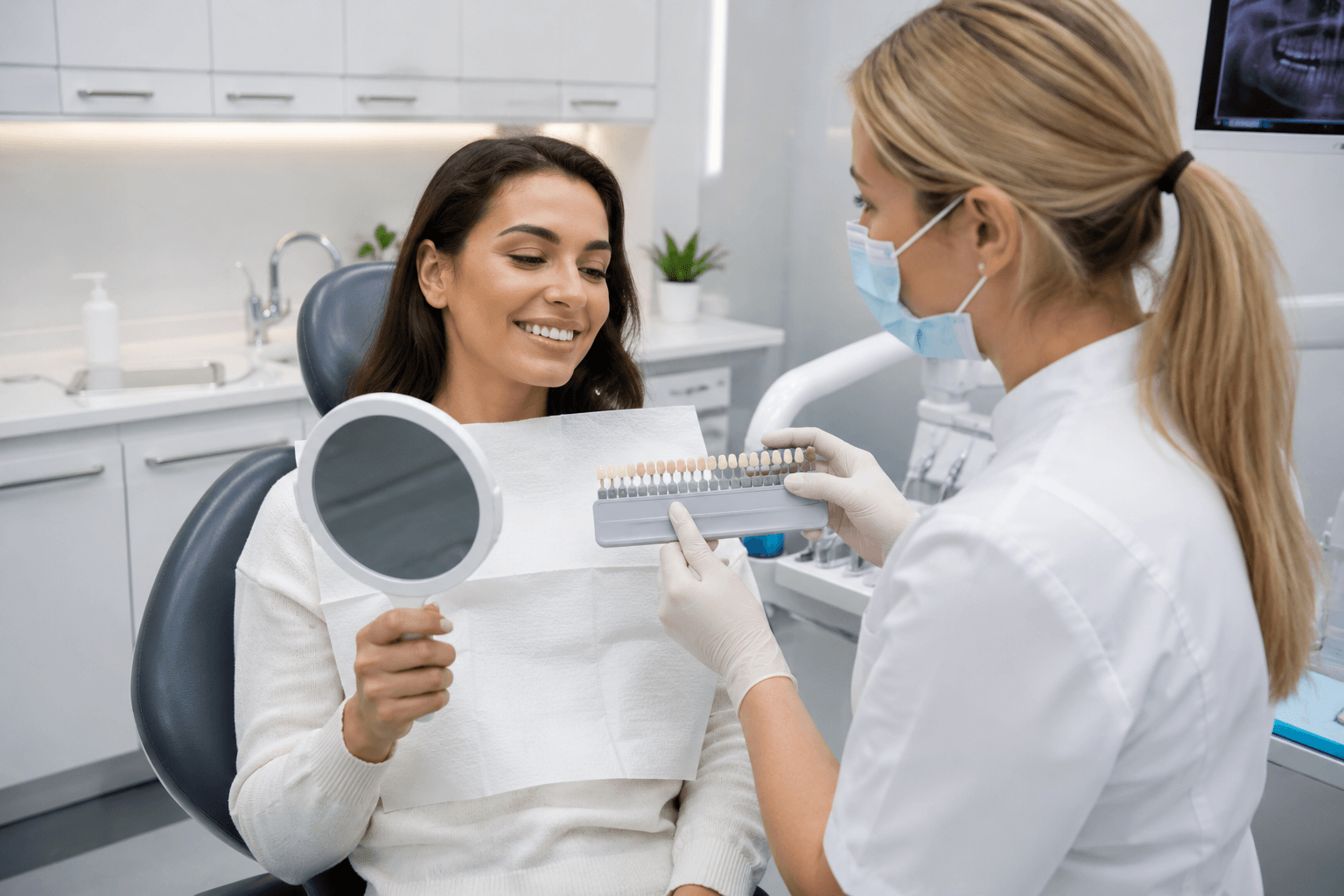 Professional teeth whitening consultant reviewing dental history and shade assessment with client before treatment appointment